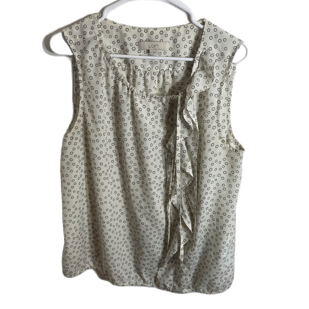 Loft XL Polka Dot Blouse Top Ruffle Sleeveless Shirt Black Off White